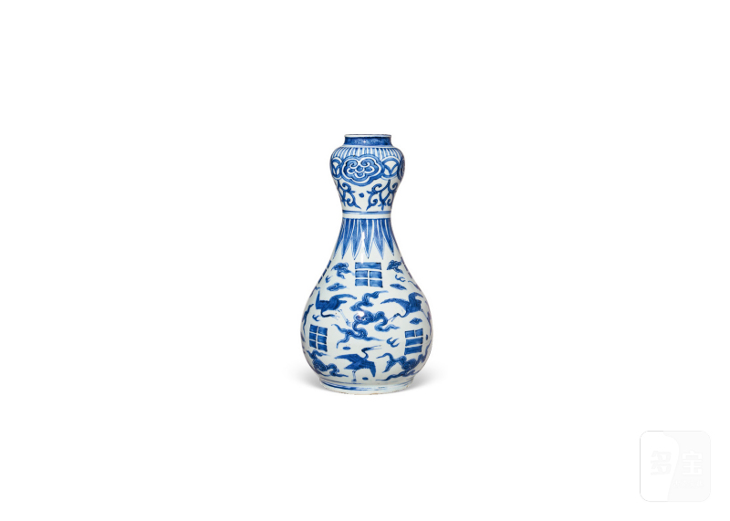 明万历  青花八卦云鹤纹蒜头瓶